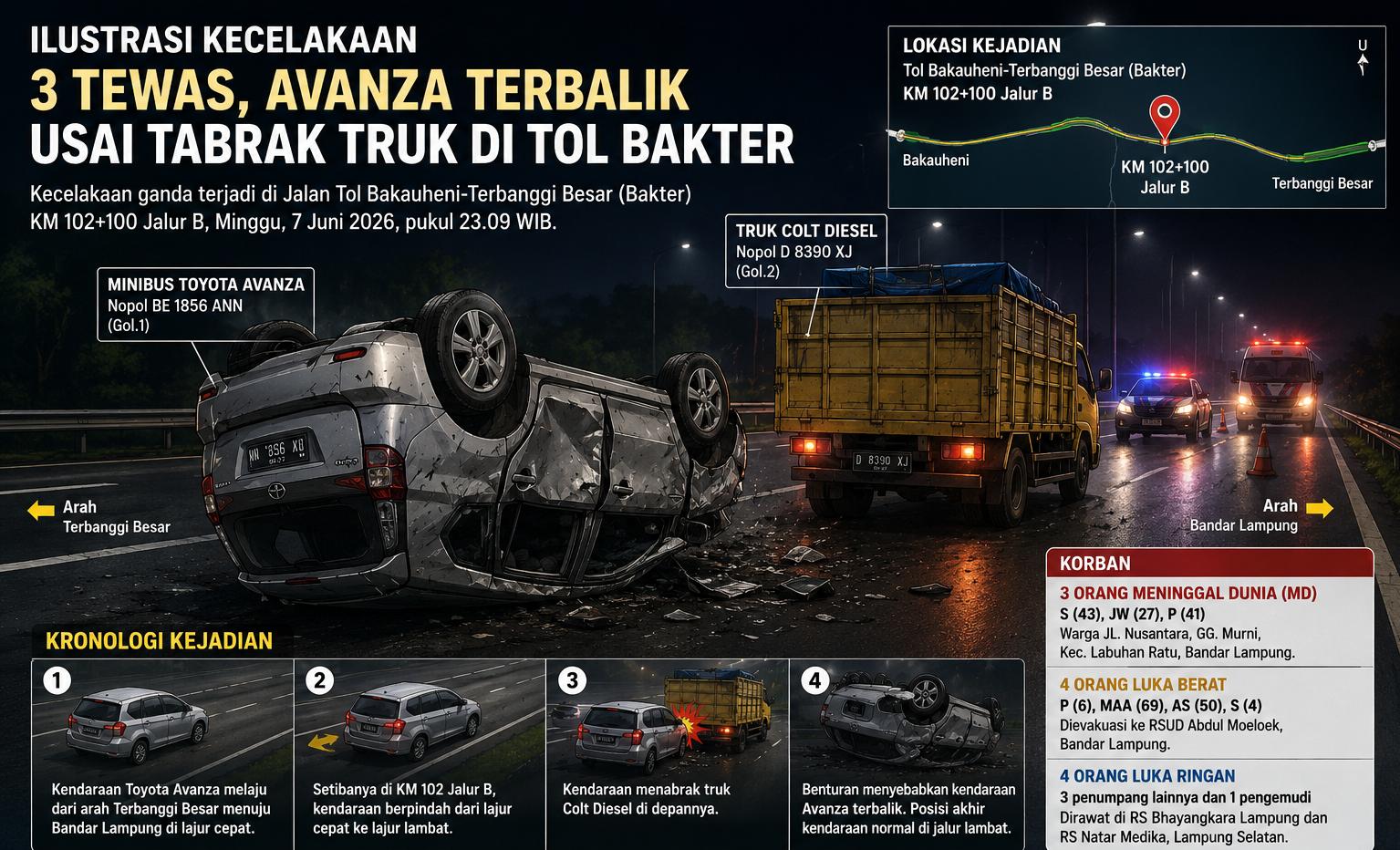 Tiga Orang Tewas dalam Kecelakaan Maut di Tol Bakter