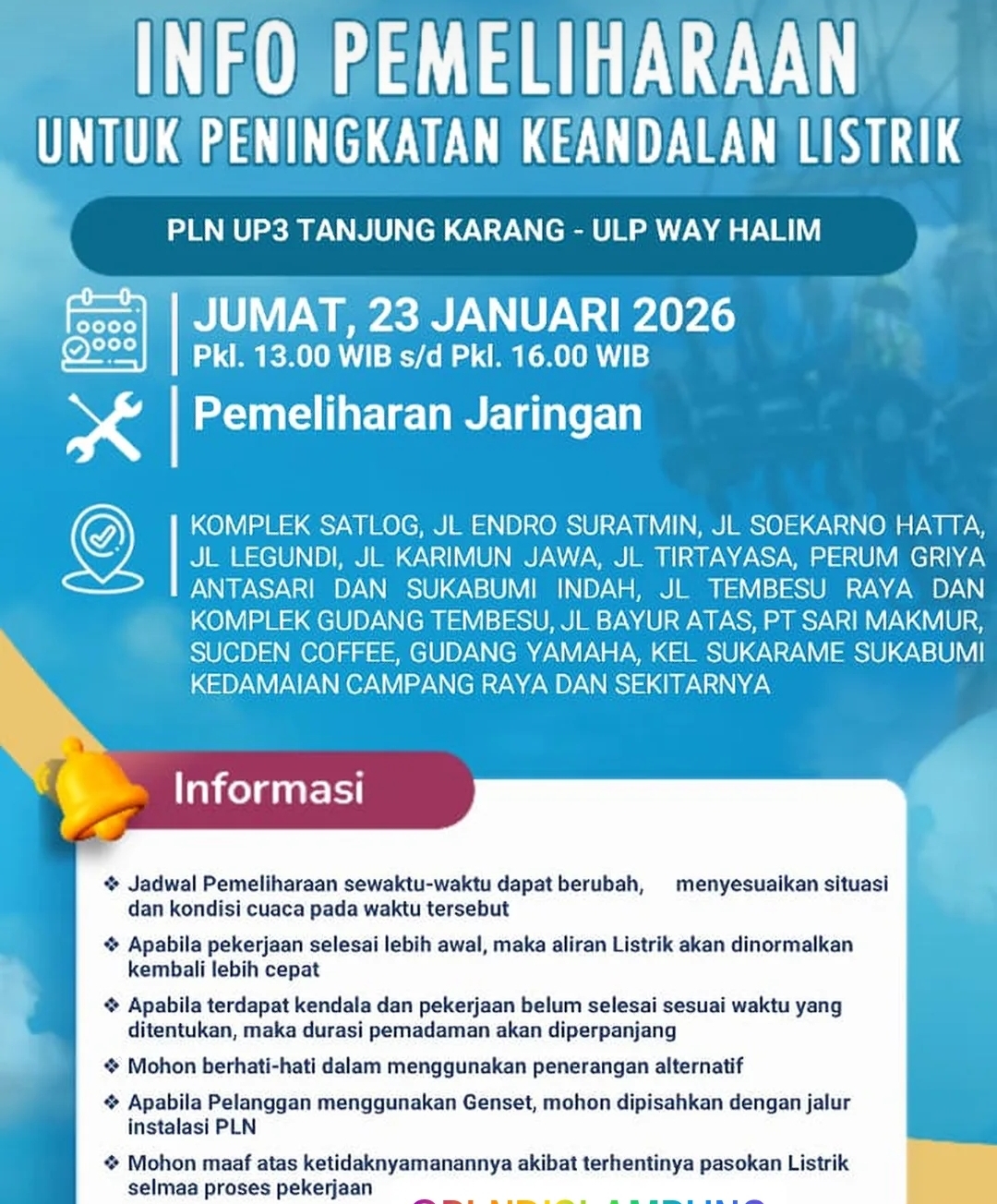 Info Pemeliharaan Listrik PLN UP3 Tanjung Karang- ULP Wayhalim Hari Ini, Cek Wilayahnya Disini 
