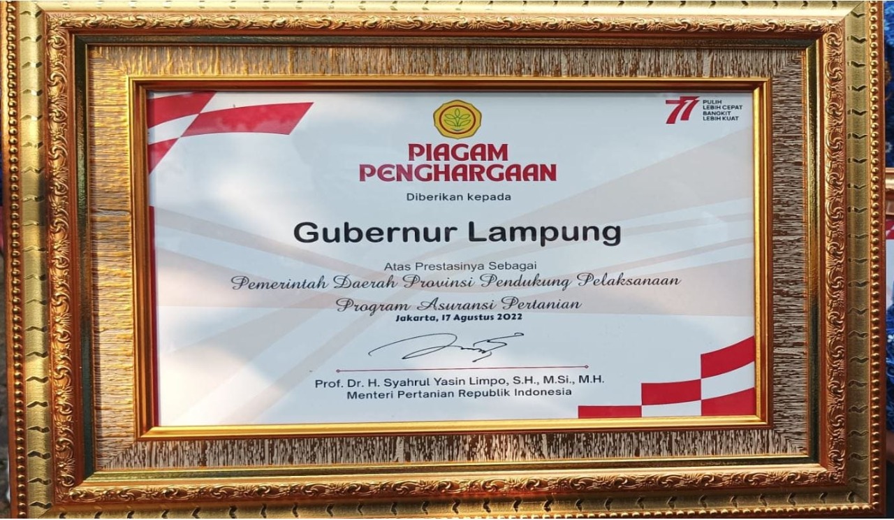 Gubernur Arinal Terima Penghargaan Dari Mentan Syahrul Yasin Limpo