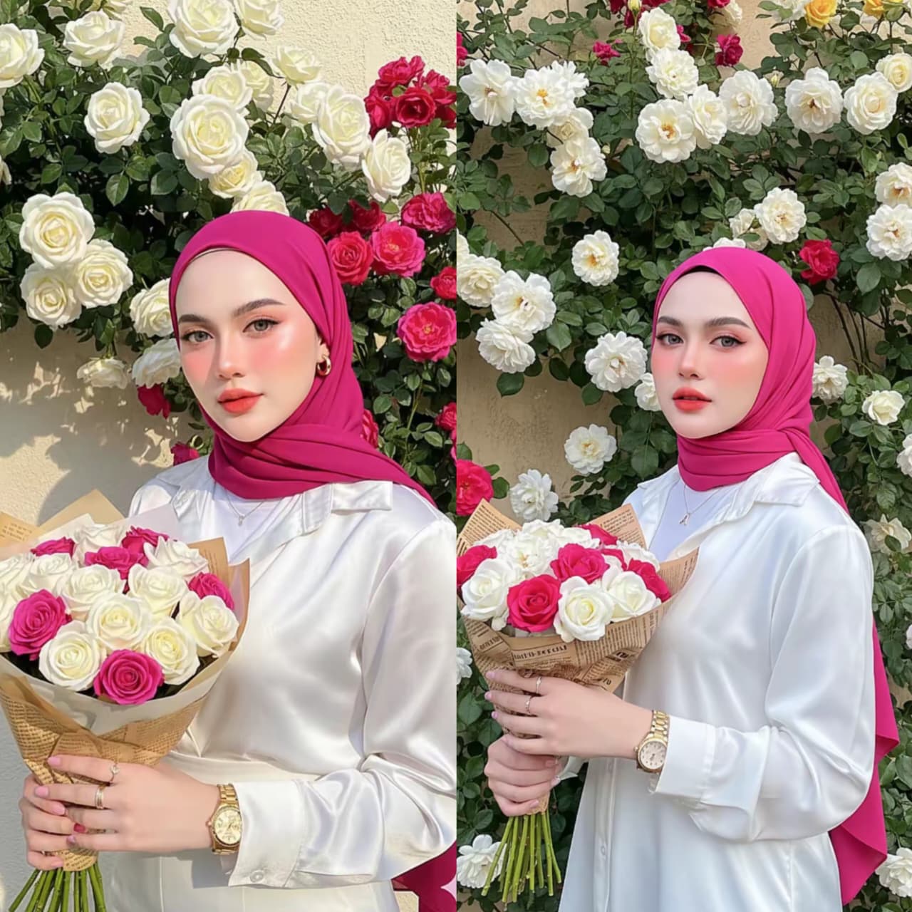 Gemini AI Hasilkan Potret Wanita Berhijab Elegan dengan Buket Mawar, Tampil Seperti Pemotretan Fashion Outdoor