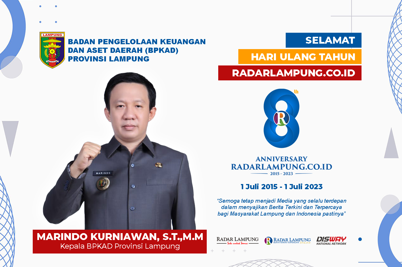 BPKAD Provinsi Lampung: Selamat Ulang Tahun Radar Lampung Online ke-8