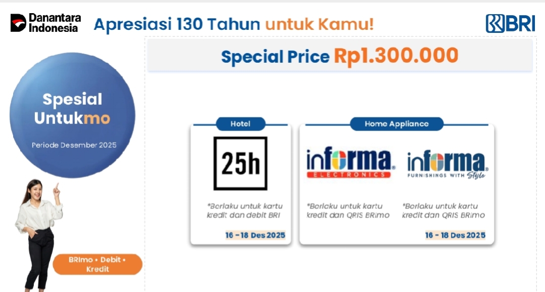 Apresiasi 130 Untuk Nasabah BRI! Promo Hotel sampai Home Appliance Dengan Spesial Price Rp 1.300.000