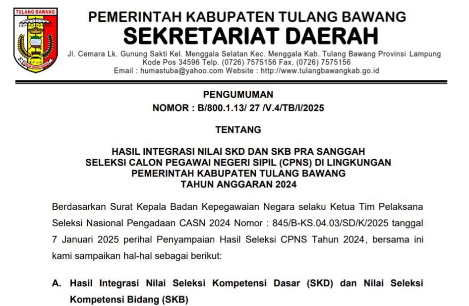 Pemkab Tulang Bawang Umumkan Hasil Seleksi Pra Sanggah Integrasi SKd dan SKB CPNS 2024