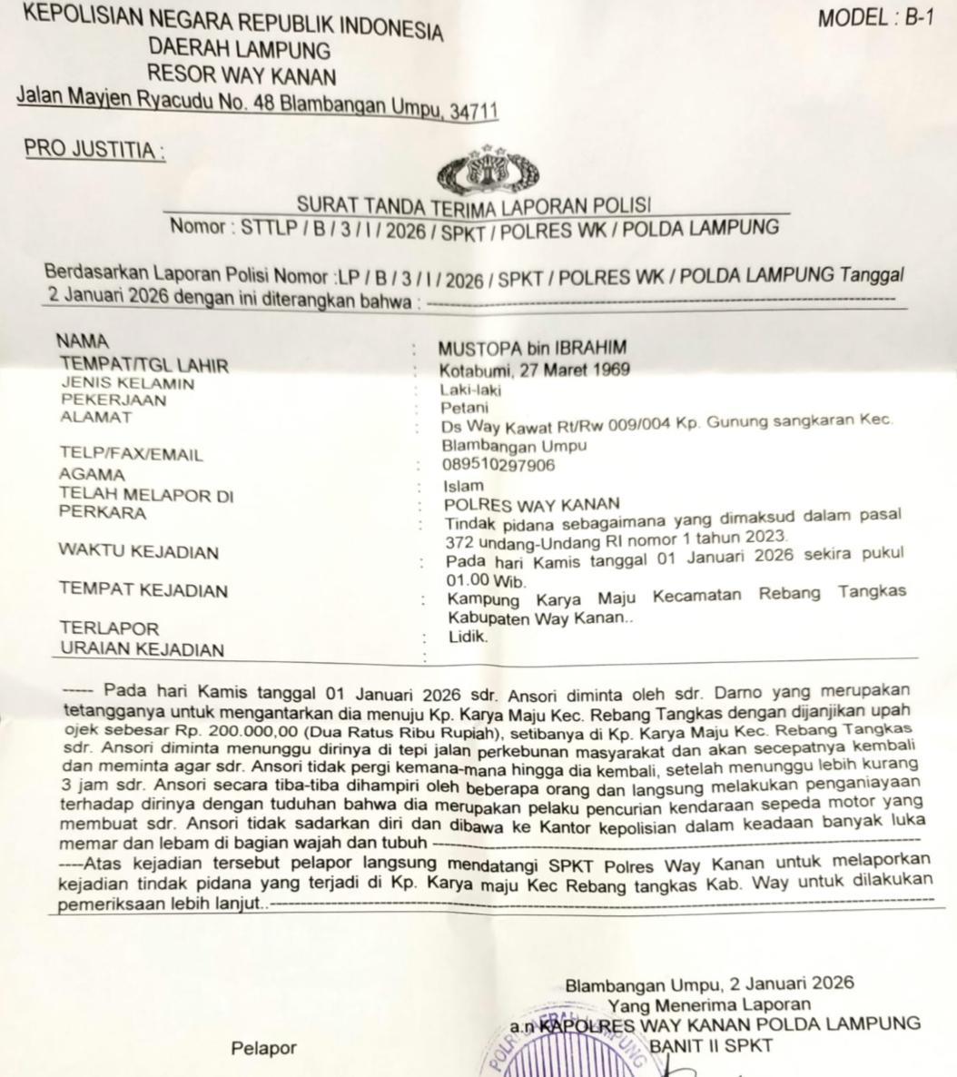 Order Ojek Berakhir Nahas, Warga Gunung Sangkaran Way Kanan Babak Belur Usai Dituding Curanmor