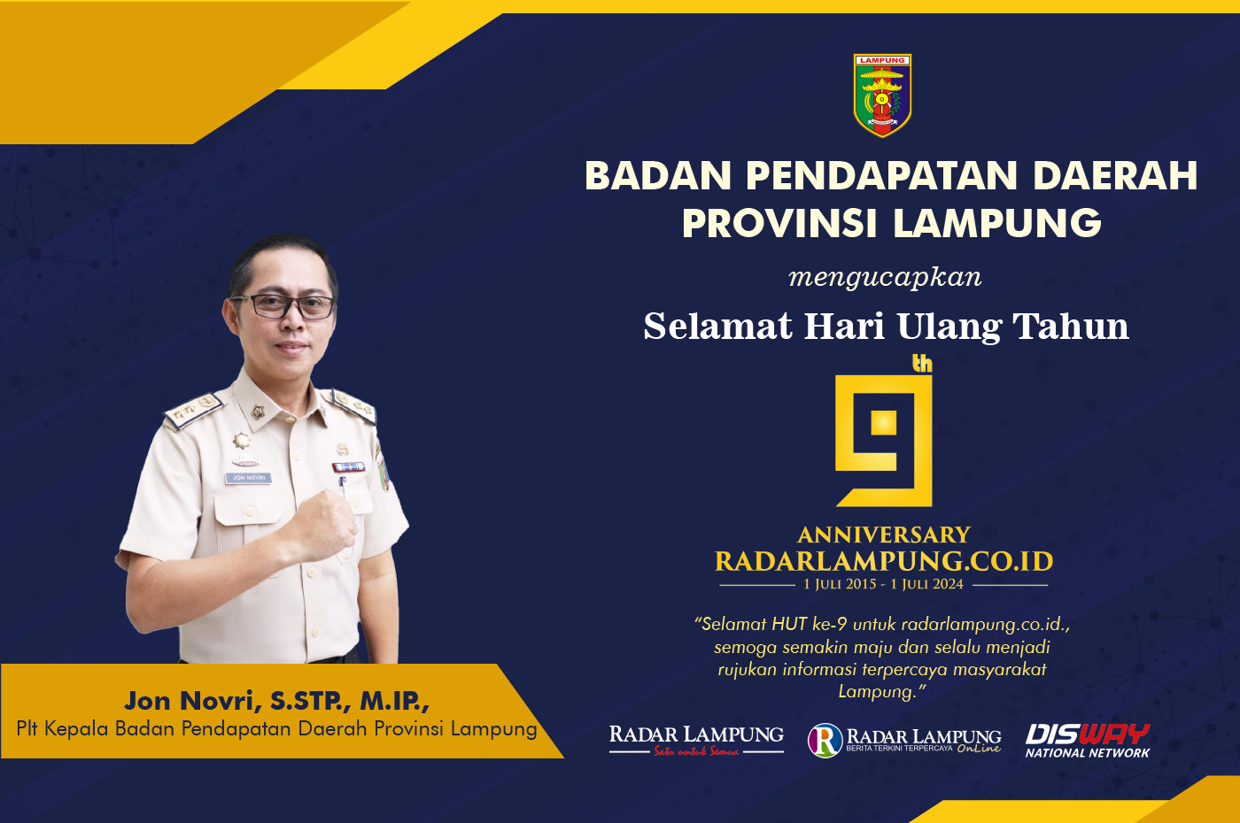 Badan Pendapatan Daerah Provinsi Lampung: Selamat Ulang Tahun ke-9 Radar Lampung Online