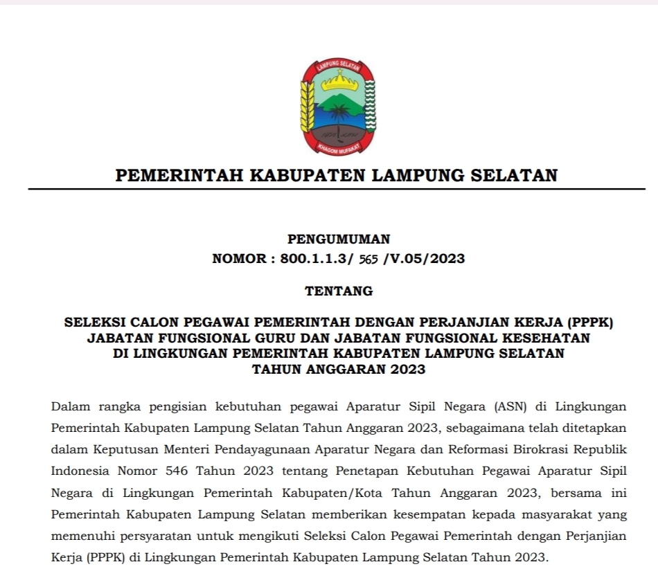 Pemkab Lampung Selatan Buka Pendaftaran PPPK, Ini Jumlah Formasi dan Cara Mendaftarnya