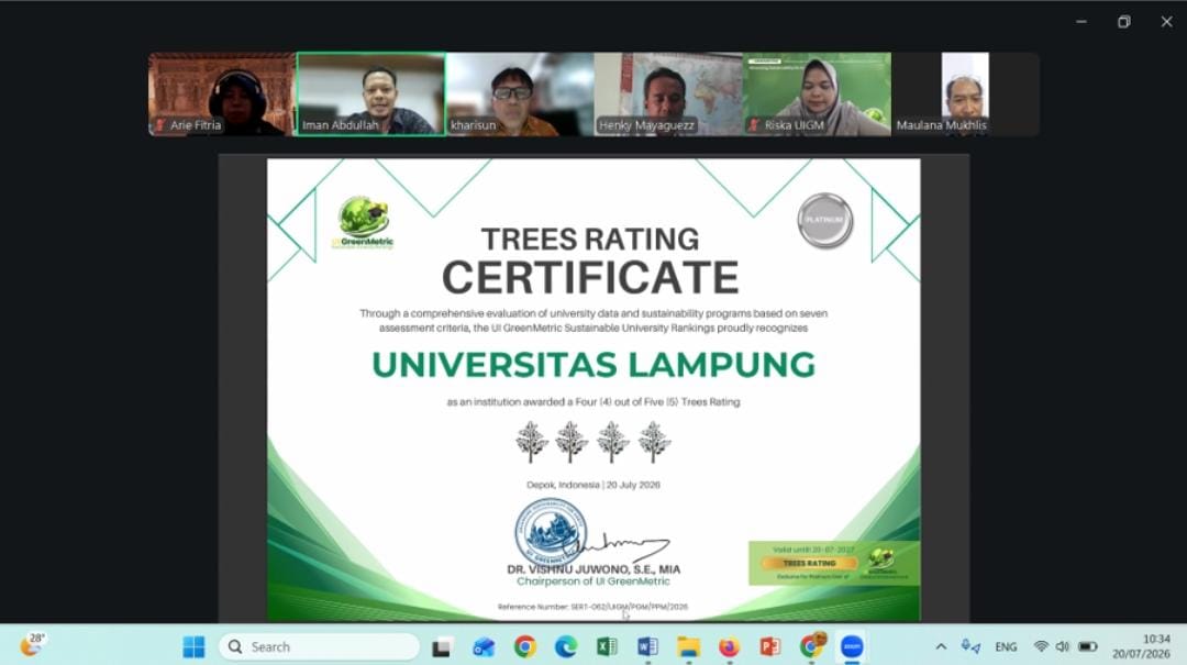 Unila Raih Predikat Four Trees Rating UI GreenMetric 2026, Makin Solid Jadi Kampus Hijau