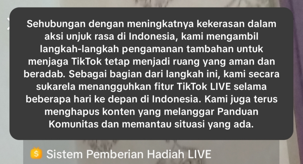 Imbas Demo di Indonesia, Fitur TikTok Live Ditangguhkan, Pengguna Kehilangan Ruang Ekspresi