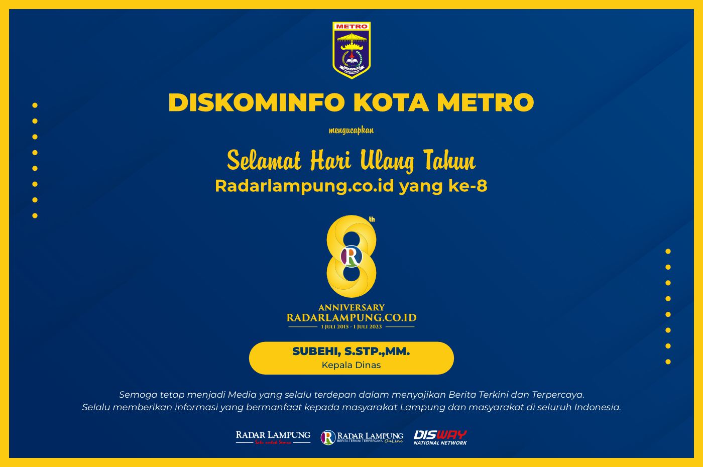 Diskominfo Kota Metro: Selamat HUT ke-8 Radar Lampung Online