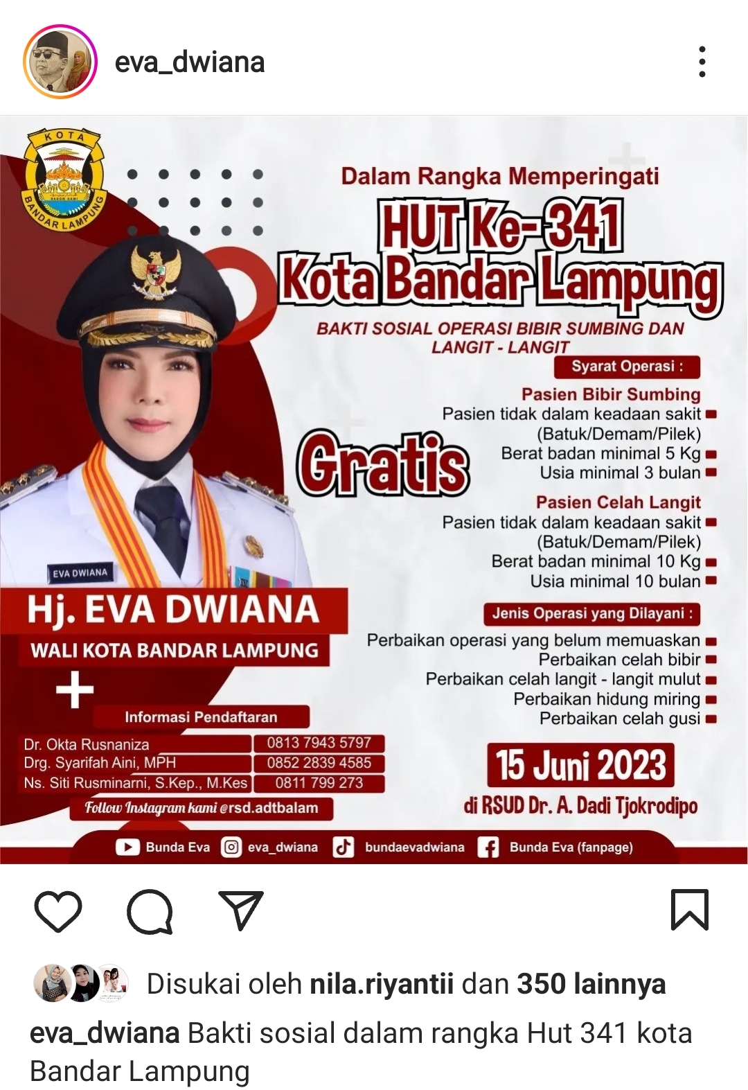 HUT Bandar Lampung ke 341, Bunda Eva Dwiana Miliki Keunggulan Bakal Ada Operasi Bibir Sumbing Secara Gratis