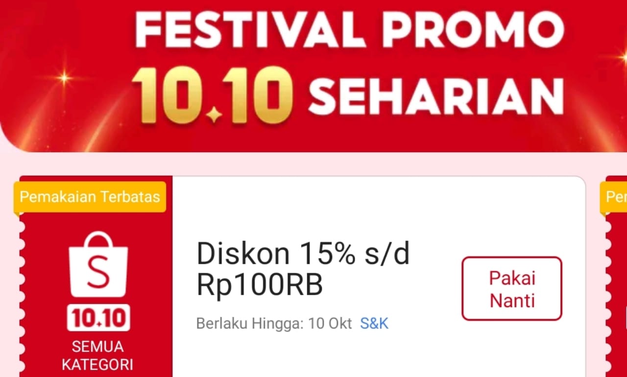 Klaim Sekarang! Dapatkan Diskon Hingga Rp100 Ribu Untuk Semua Kategori di Festival Promo Shopee 10.10