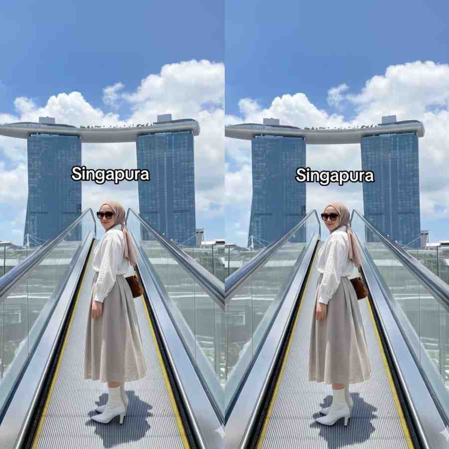 Prompt Gemini AI Ciptakan Potret di Singapura, Wanita Berhijab Tampil Natural di Eskalator Marina Bay Sands
