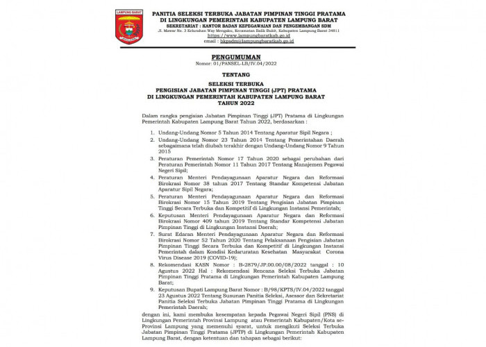 H-1 Penutupan, Baru Satu Pejabat Mendaftar Seleksi Terbuka JPTP Pemkab Lampung Barat