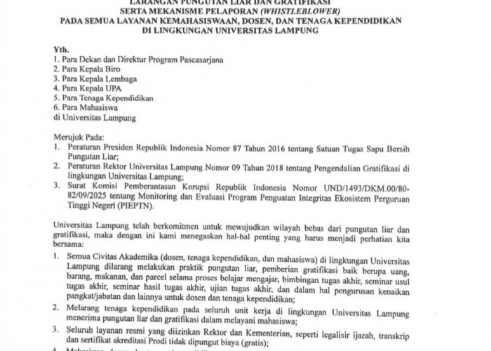 Unila Keluarkan Surat Edaran Larangan Pungli, Gratifikasi dan Mekanisme Pelaporan Semua Layanan