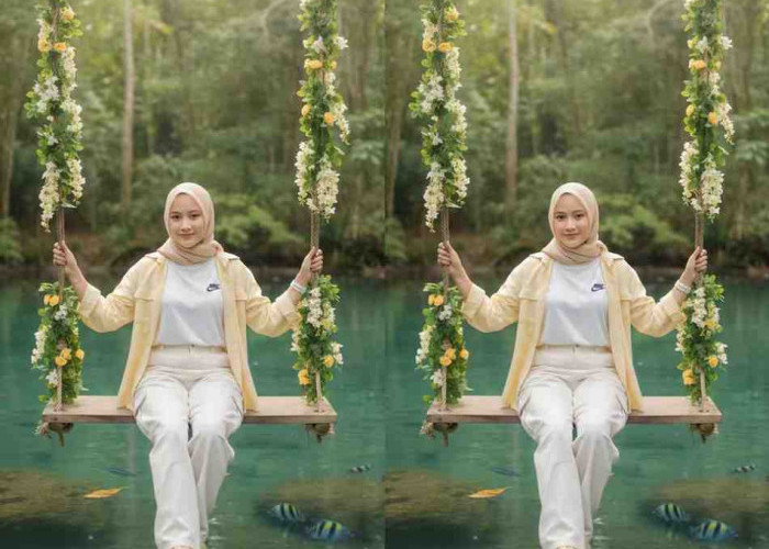 Viral! Hasil Prompt Gemini AI Ini Bikin Keren: Wanita Berhijab Duduk Tenang di Ayunan di Atas Air & penuh ikan