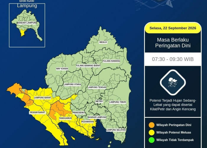 Peringatan Dini Cuaca Ekstrem di Lampung Selasa Pagi, Hujan Lebat dan Angin Kencang Intai Sejumlah Wilayah