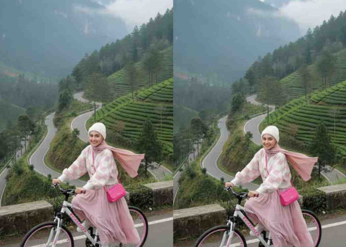 Prompt Gemini AI Suguhkan Potret Realistis Pesepeda Berhijab Melintasi Pegunungan Berkabut, Nuansa Pink Pastel