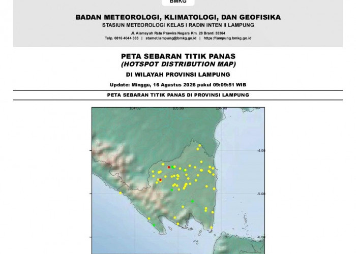 BMKG Rilis Update 95 Titik Panas dan Prakiraan Cuaca Lampung 16 Agustus 2026 
