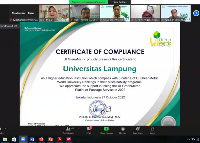 Unila Raih Certificate of Compliance dan UI GreenMetric Trees Rating 2022