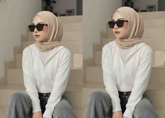 Potret Hijabers Candid Duduk di Tangga Bernuansa Kamera 90-an Karya Gemini AI