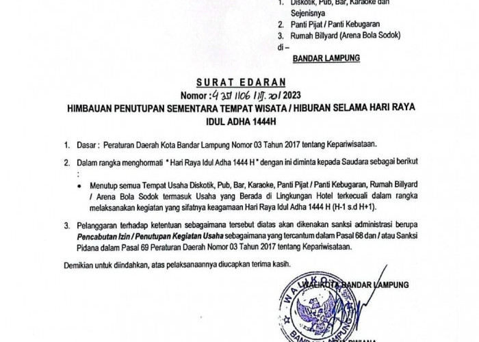 Walikota Bandar Lampung Keluarkan SE Penutupan Sementara Tempat Hiburan H-1 hingga H+3 Idul Adha