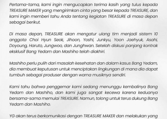 Yedam dan Mashiho Keluar dari Treasure usai Kontrak dengan YG Entertainment Berakhir, Ini Penjelasan Agensi