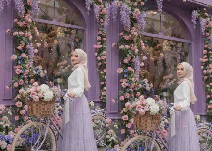 Gemini AI Ciptakan Potret Floral Aesthetic: Hijabers Tampil Anggun di Depan Toko Bunga Ungu Pastel!
