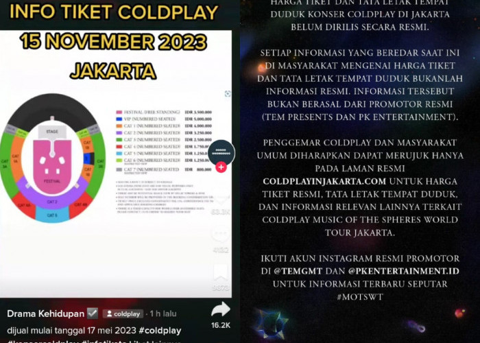 Beredar Informasi Seatplan dan Harga Tiket Konser Coldplay di Jakarta, Pihak Promotor Buka Suara