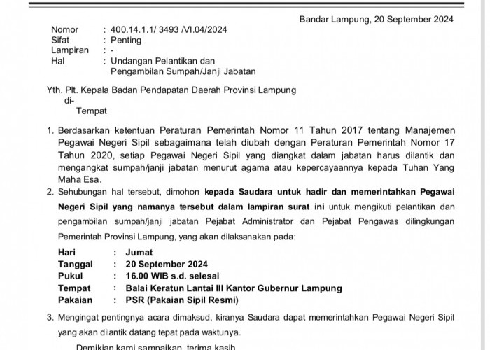 Sehari Usai Evaluasi Kinerja, Pj Gubernur Lampung Rolling 14 Pejabat Bapenda 