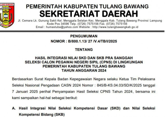 Pemkab Tulang Bawang Umumkan Hasil Seleksi Pra Sanggah Integrasi SKd dan SKB CPNS 2024