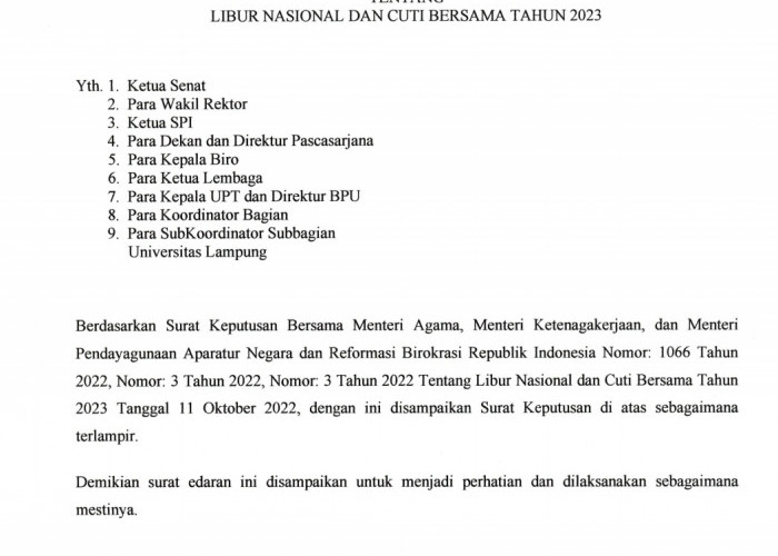 Unila Terbitkan Surat Edaran Tentang Libur Nasional dan Cuti Bersama Tahun 2023