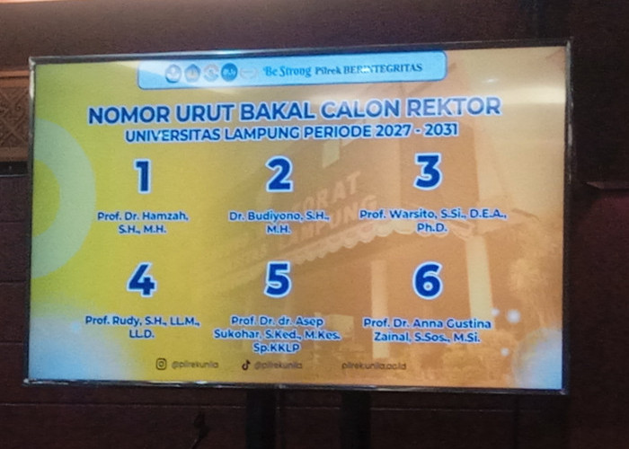 Nomor Urut Enam Bakal Calon Rektor Unila Ditetapkan, Sosialisasi Dimulai Besok
