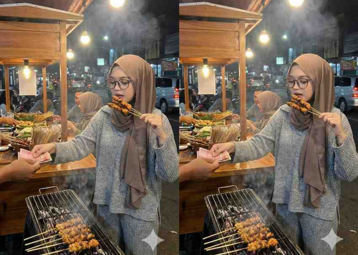 Prompt Gemini AI Bikin Foto Street Food Malam Hari Terlihat Nyata, Wanita Berhijab Beli Sate Super Realistis