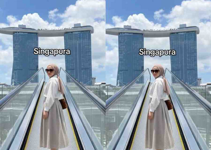 Prompt Gemini AI Ciptakan Potret di Singapura, Wanita Berhijab Tampil Natural di Eskalator Marina Bay Sands