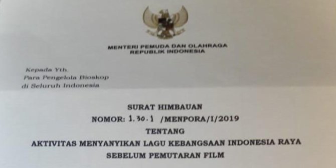 Imbauan Nyanyikan Indonesia Raya di Bioskop, Ini Kata Kemenpora
