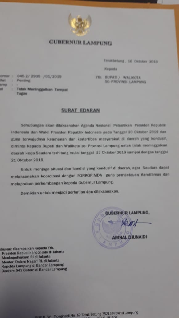 Pelantikan Presiden, Gubernur Lampung Keluarkan Surat Edaran