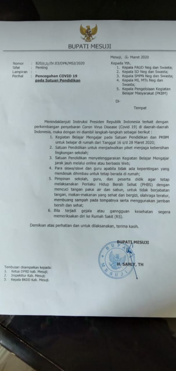 Antisipasi Virus Corona, Aktifitas Mengajar di Mesuji Diliburkan