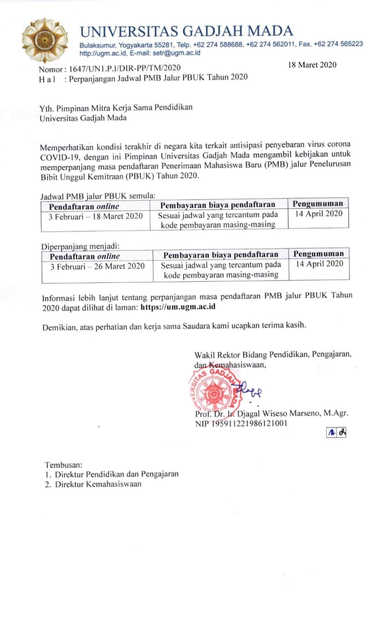 Antisipasi Penyebaran Covid-19, Pendaftaran PMB PBUK UGM Diperpanjang