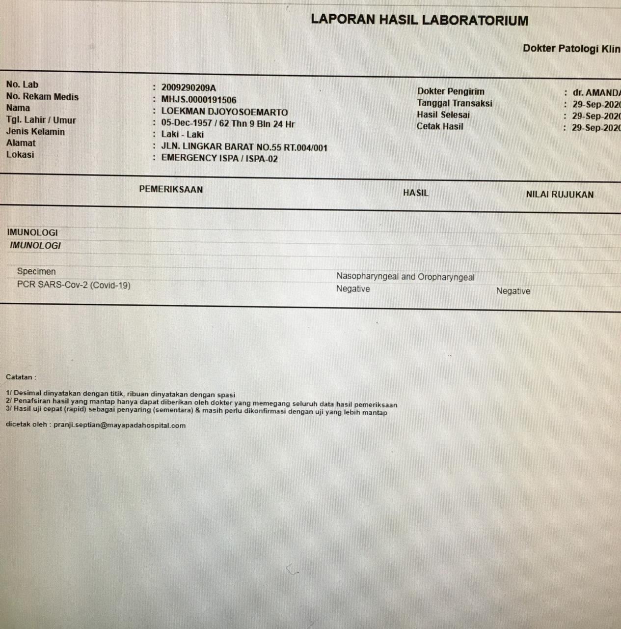 Hasil Lab. Loekman dan Istri Negatif Covid-19