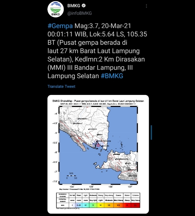 BPBD Lamsel Klaim Gempa Magnitudo 3,7 di Lamsel Aman