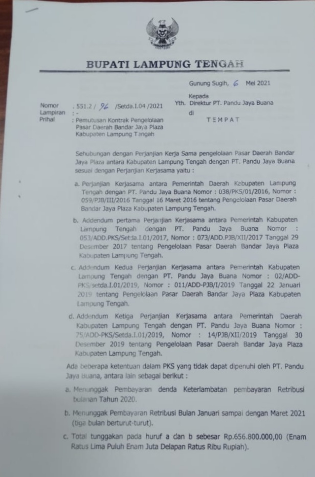 Pemkab Lamteng Putuskan Kontrak dengan PT Pandu Jaya Buana