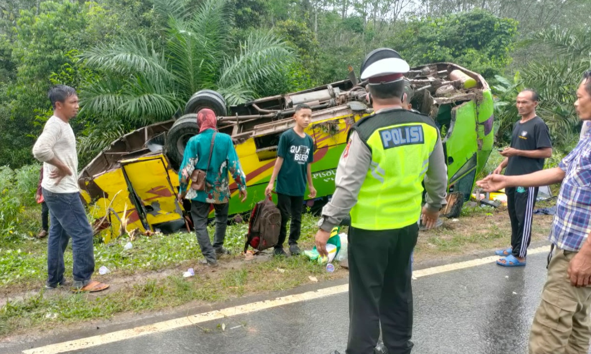 Pecah Ban, Bus Pengangkut Puluhan Penumpang Terguling di Jalinsum Mesuji