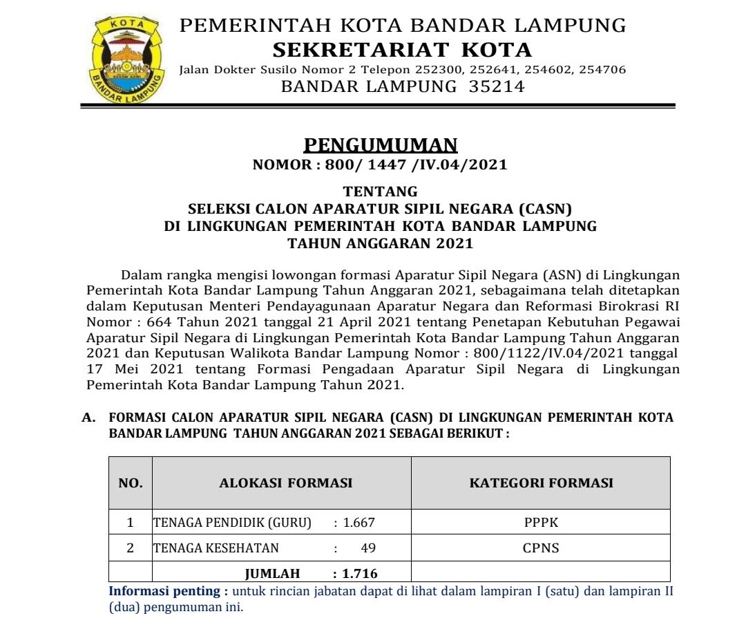 Malam Ini, Pemkot Bandarlampung Buka Lowongan 1.761 Formasi CPNS