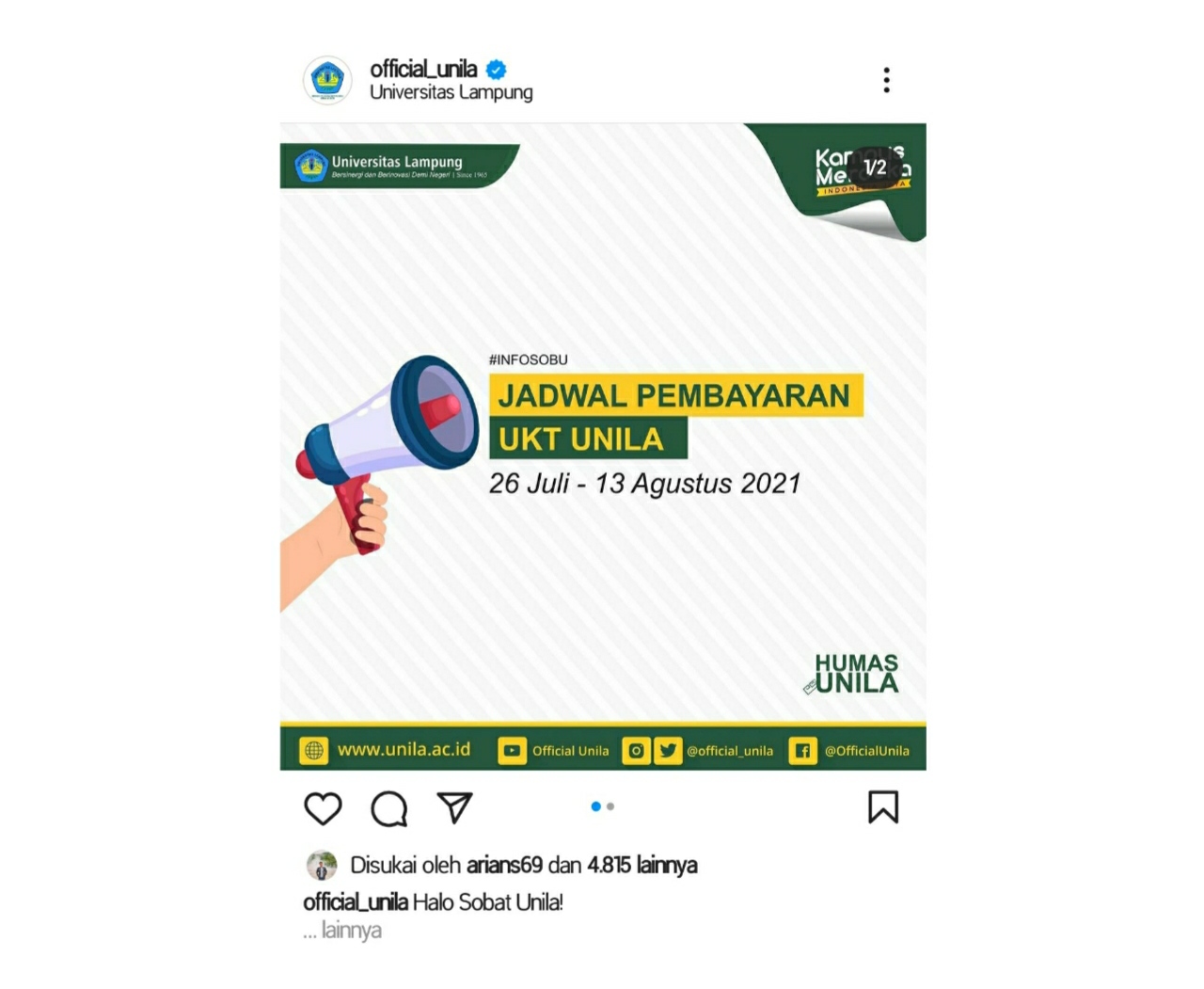 Ingatkan Pembayaran UKT, Akun Instagram Unila \