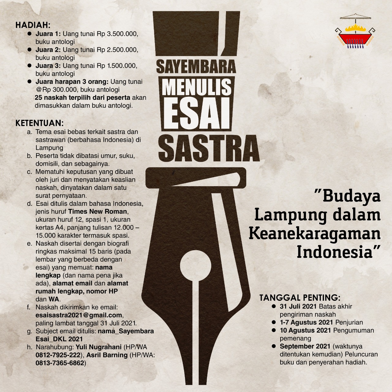 Yuk Ikut Sayembara Menulis Puisi Berbahasa Lampung dan Esai Sastra DKL 2021 !