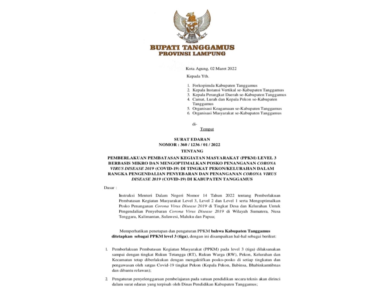 Tanggamus PPKM Level 3, Perkantoran dan Sektor Non Esensial Terapkan WFH 50 Persen