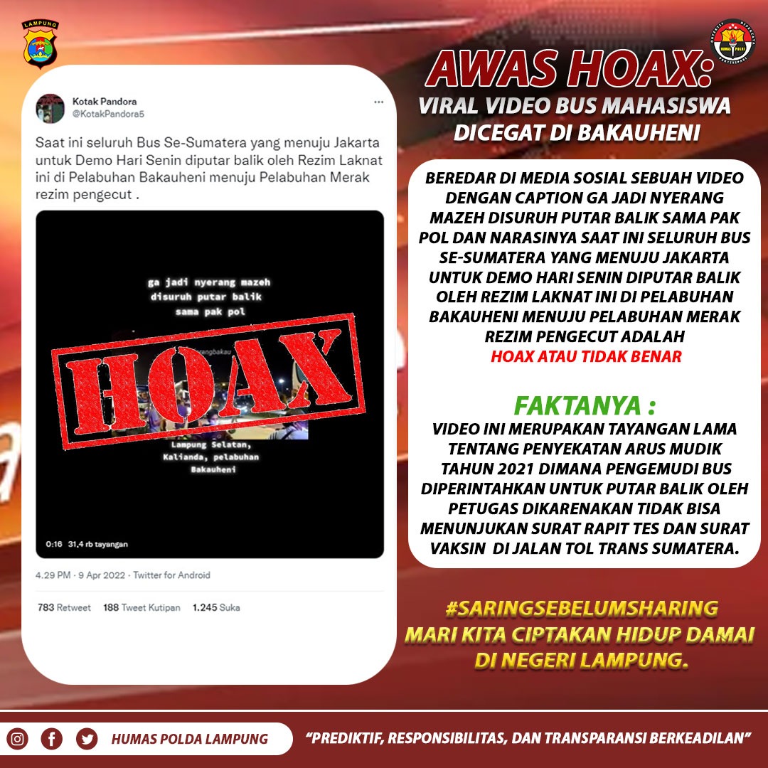 Geger Video Polisi Stop Bus Pendemo di Bakauheni, Polda Lampung: Itu Hoaks